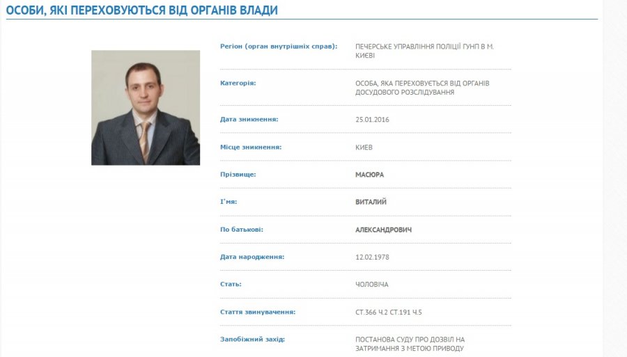 Полиция объявила в розыск Масюру