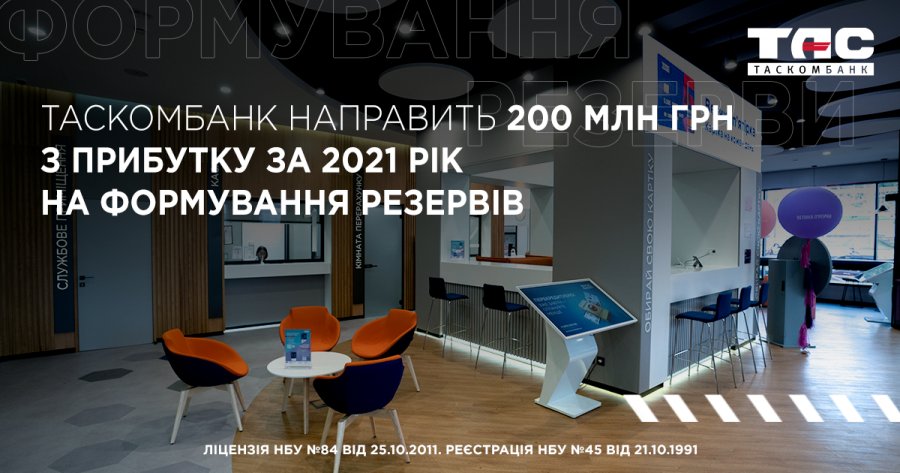 ТАСКОМБАНК направить 200 млн грн з прибутку за 2021 рік на формування резервів